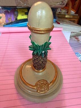 Pineapple Accent Candle Holder in Cream & Gold with Green Leaves